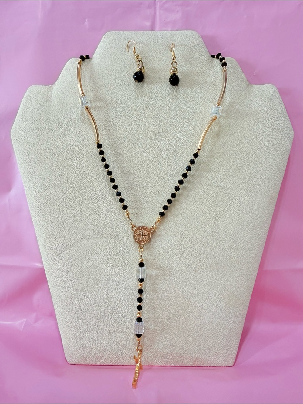 Gold-Tone Black Bead Rosary Y Necklace with Earrings